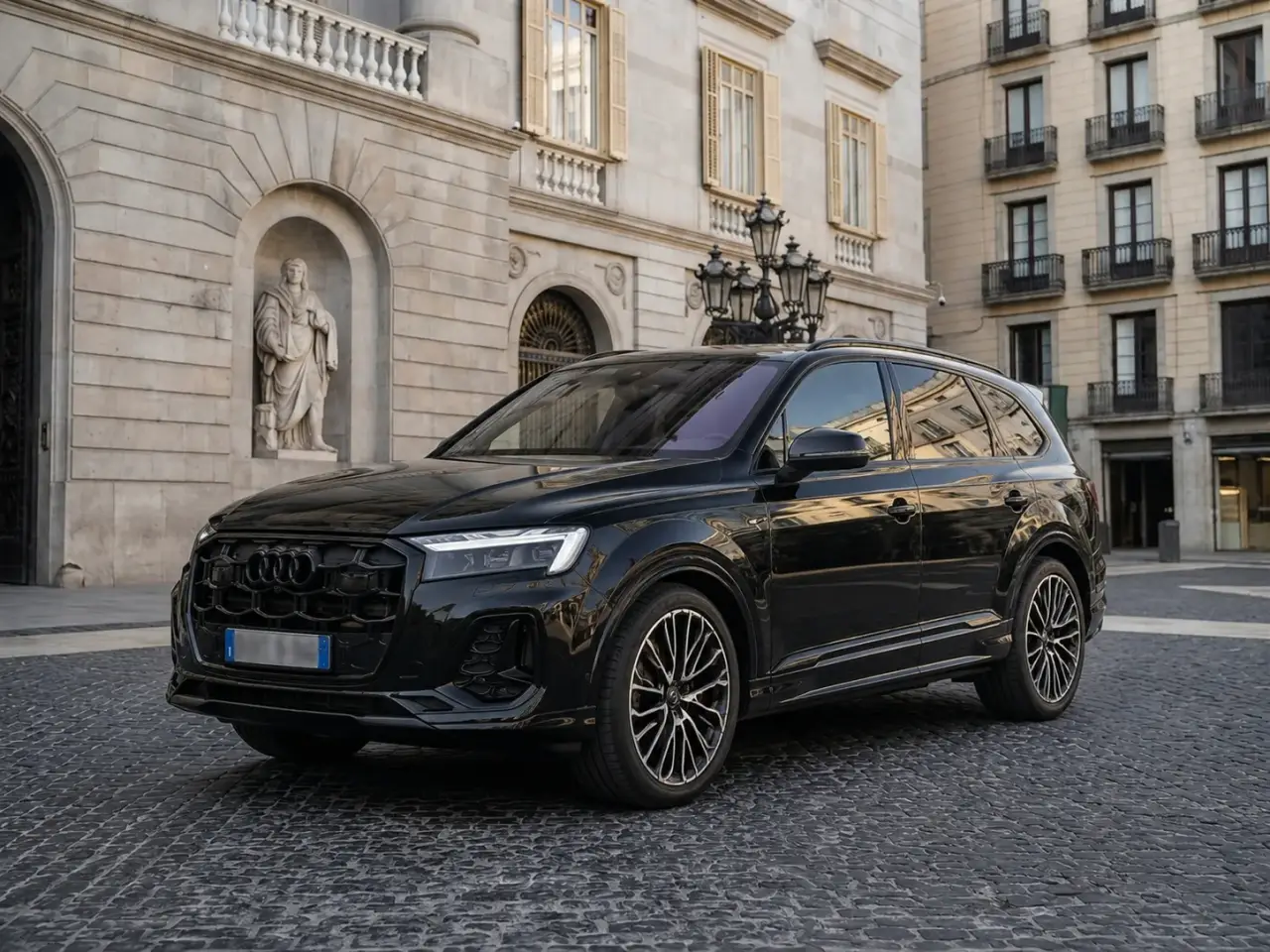 Audi Q7 50 TDI S-Line Edition 2025, side profile — Sports Car Rental Germany, Germany. The 2025 Audi Q7 50 TDI S-Line Edition sits differently on German roads than the badge…