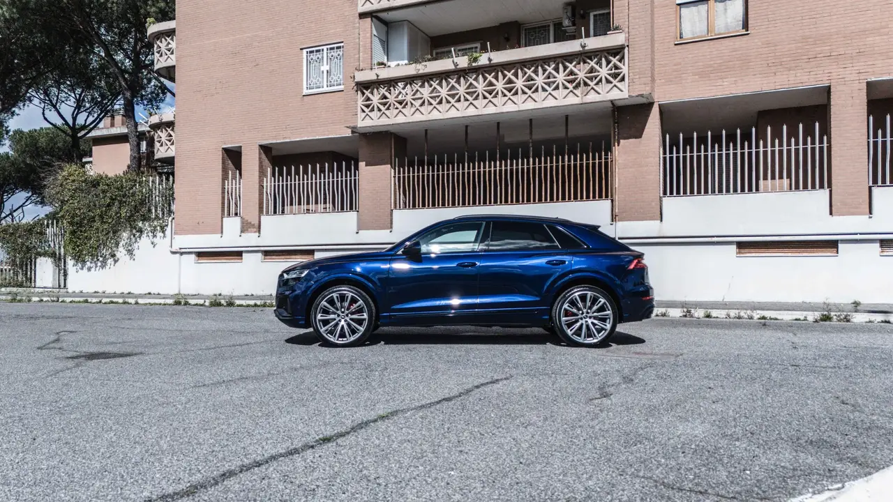 Audi Q8 55 TFSI 2022, front view — Sports Car Rental Germany, Germany. Effortless comfort for long touring days with family