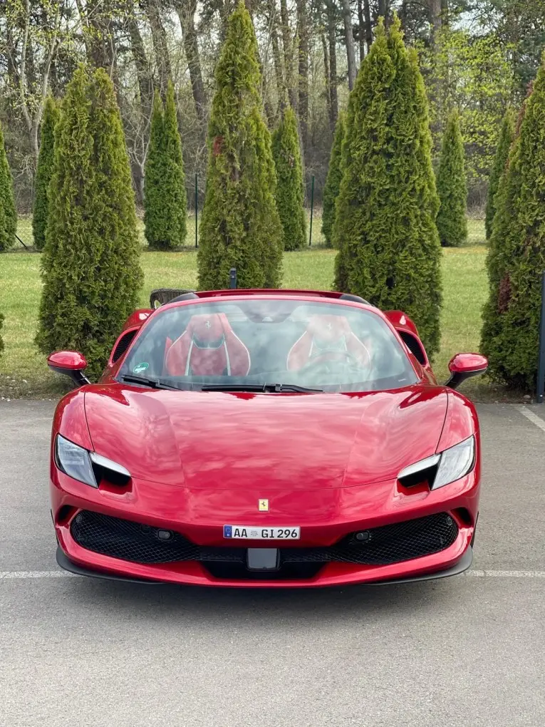 Ferrari 296 GTS Spider 2025, front view — Sports Car Rental Germany, Germany. Open-top hairpins through the Alps, engine singing