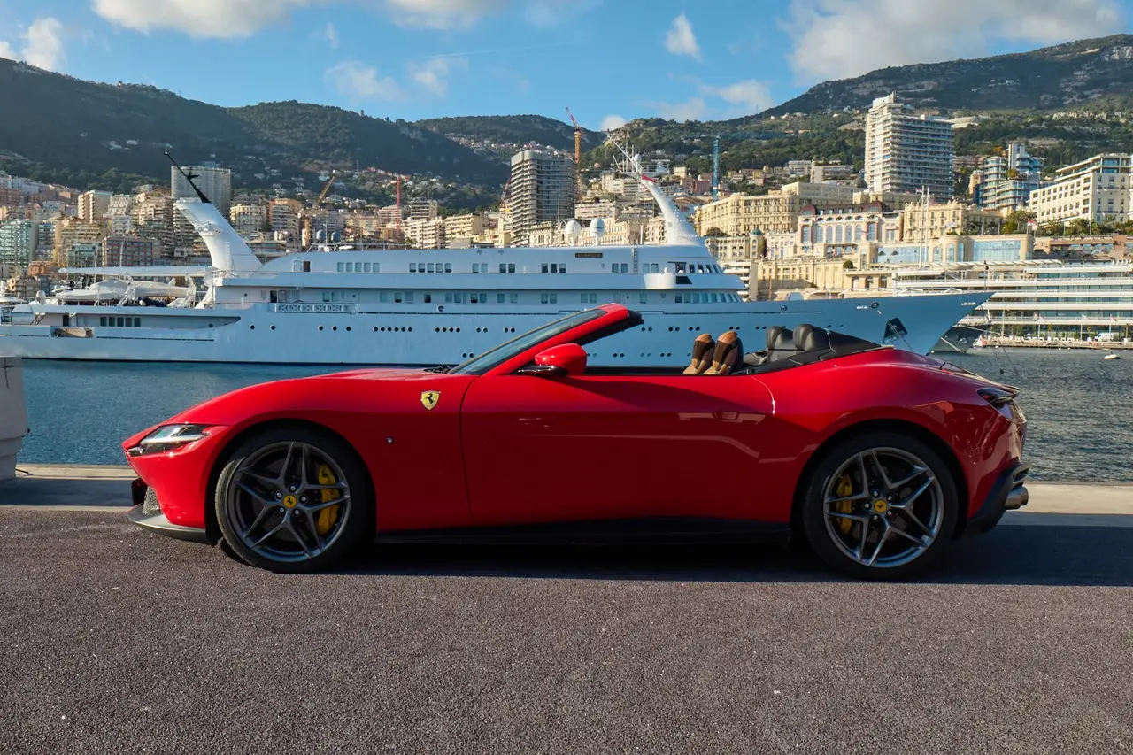 Ferrari Roma Spider 2024, exterior — Sports Car Rental Germany, Germany. Open-top elegance for coastal roads and golden hours