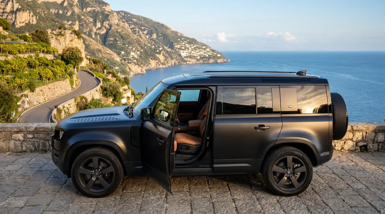 Land Rover Defender 2024, interior — Sports Car Rental Germany, Germany. Built for gravel tracks and Alpine border crossings