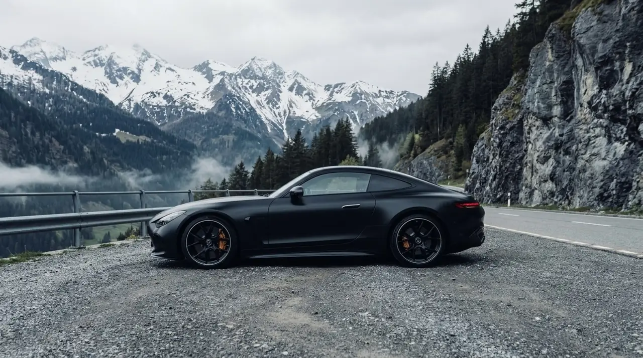 Mercedes Benz GT63 AMG Coupe 2024, внешний вид — Sports Car Rental Germany, Germany. Утренний автобан, пустая полоса, звук наготове