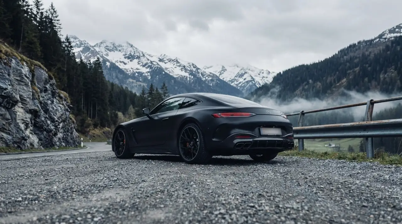 Mercedes Benz GT63 AMG Coupe 2024, вид спереди — Sports Car Rental Germany, Germany. Утренний автобан, пустая полоса, звук наготове