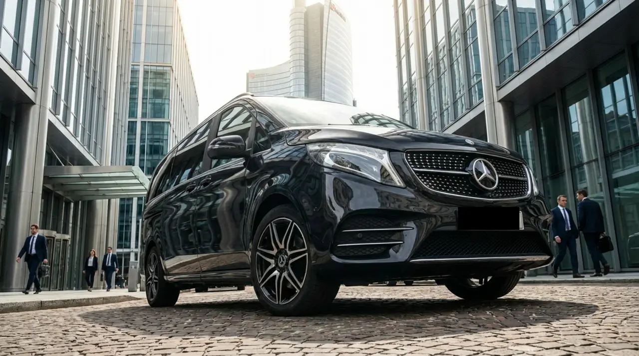 Mercedes V Class 2026, Außenansicht — Sports Car Rental Germany, Germany. Diskreter Transfer für Gäste vom Flughafen zum Hotel