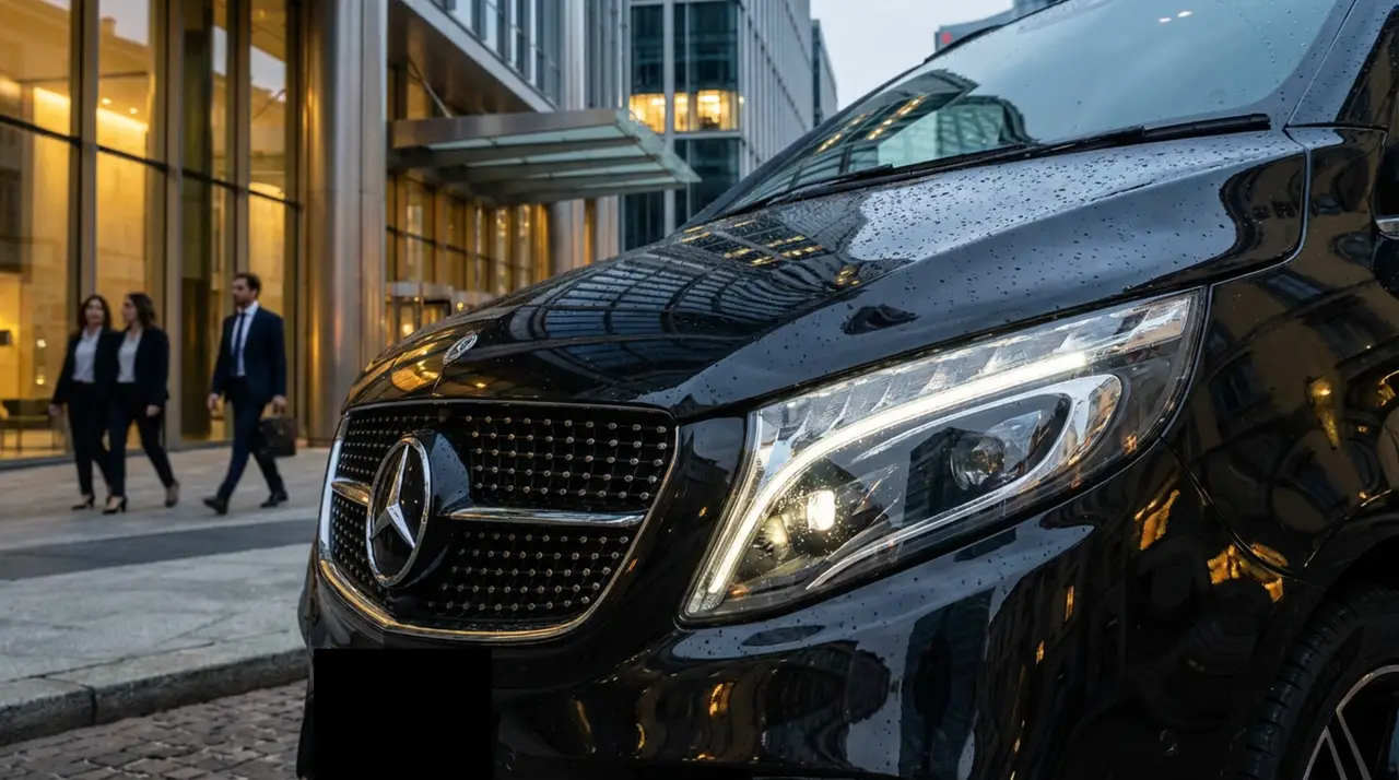 Mercedes V Class 2026, Frontansicht — Sports Car Rental Germany, Germany. Diskreter Transfer für Gäste vom Flughafen zum Hotel