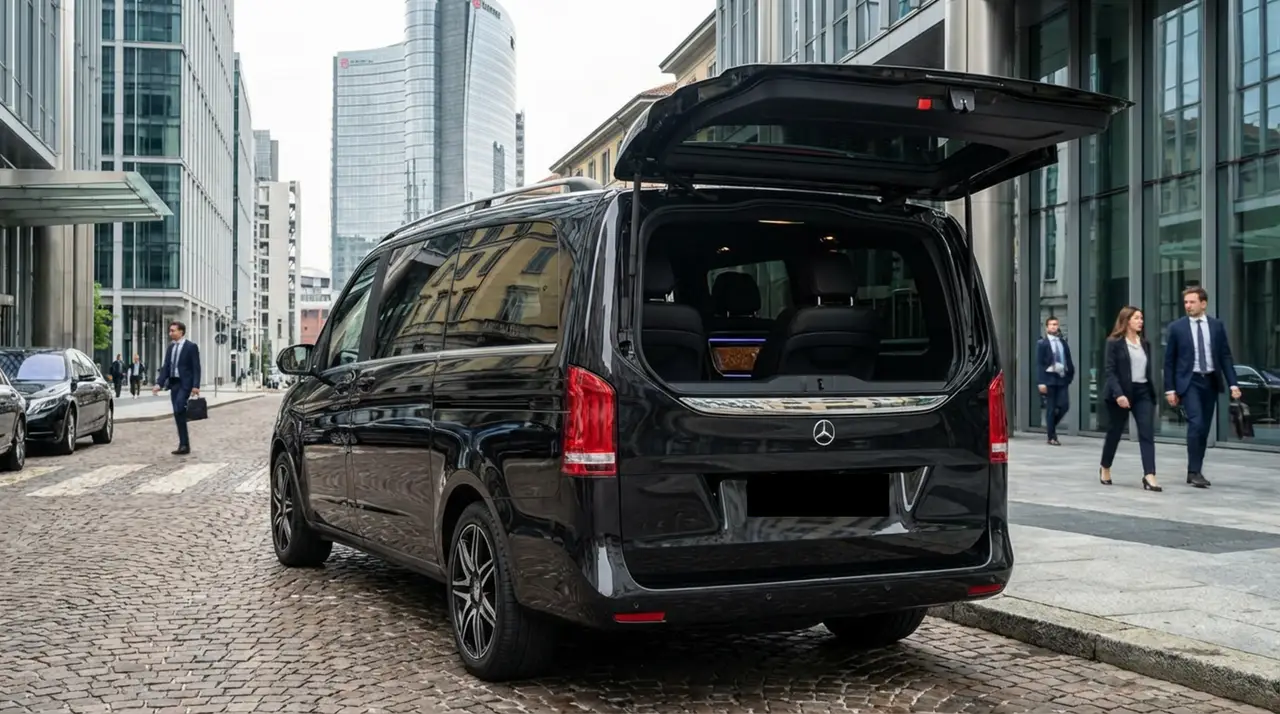 Mercedes V Class 2026, Heckansicht — Sports Car Rental Germany, Germany. Diskreter Transfer für Gäste vom Flughafen zum Hotel