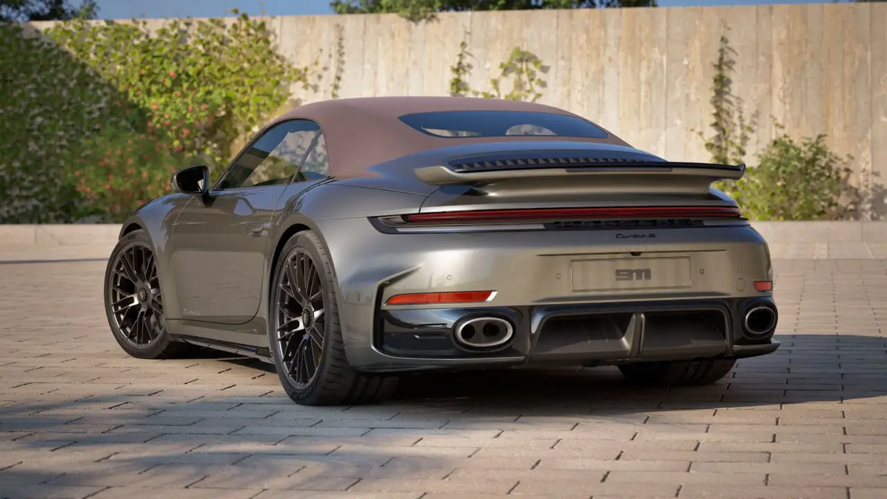 Porsche 911 992 Carrera Turbo S Cabrio 2026, exterior — Sports Car Rental Germany, Germany. Top down for winding roads and open skies