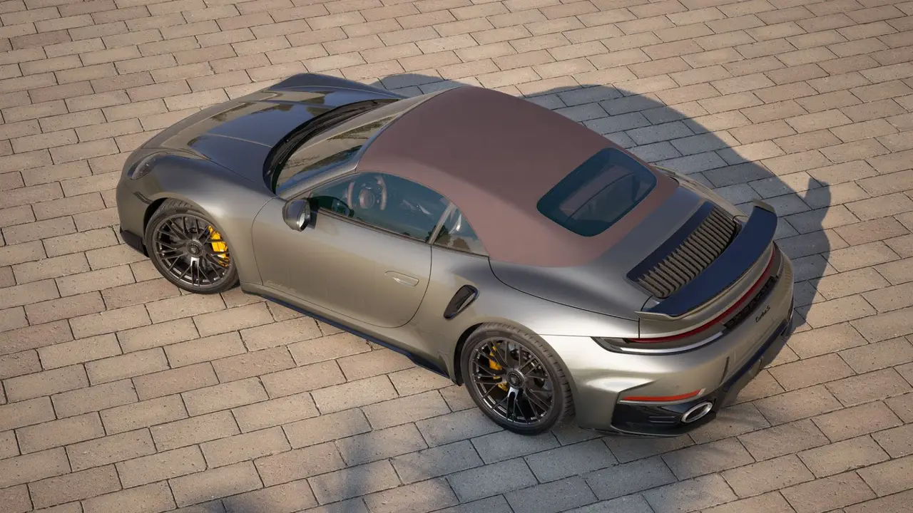 Porsche 911 992 Carrera Turbo S Cabrio 2026, front view — Sports Car Rental Germany, Germany. Top down for winding roads and open skies