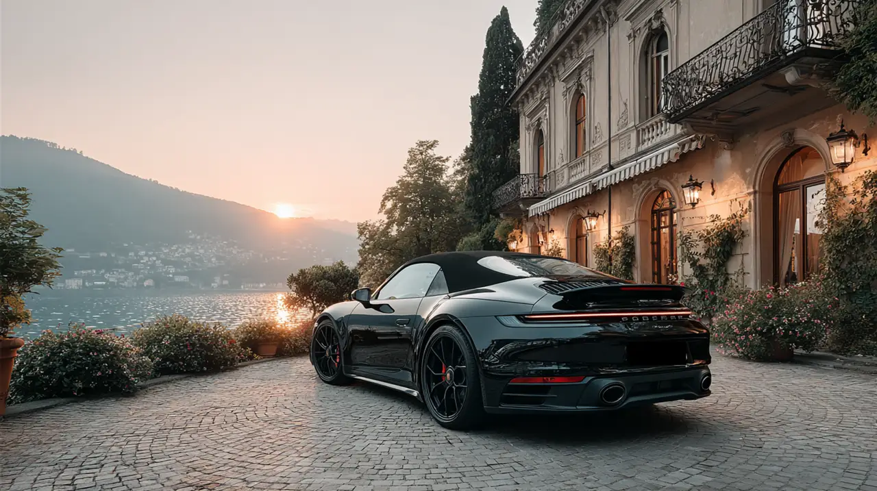 Porsche 992 Carrera 4 GTS Cabrio 2024, front view — Sports Car Rental Germany, Germany. Top down for winding roads before sunset
