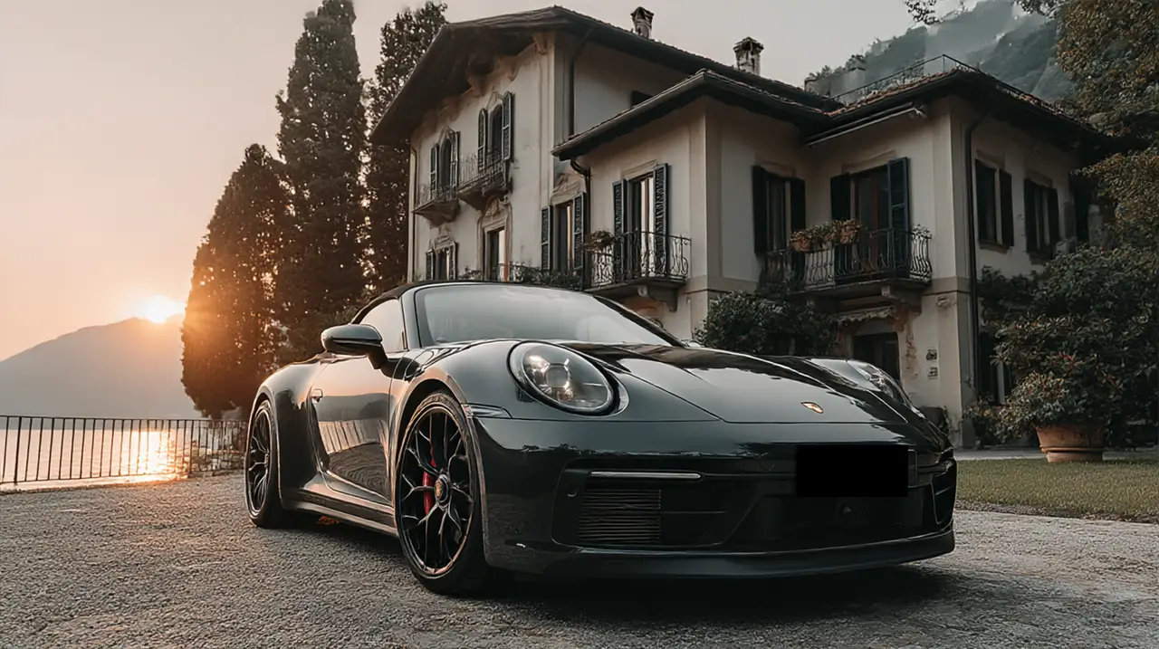 Porsche 992 Carrera 4 GTS Cabrio 2024, rear view — Sports Car Rental Germany, Germany. Top down for winding roads before sunset