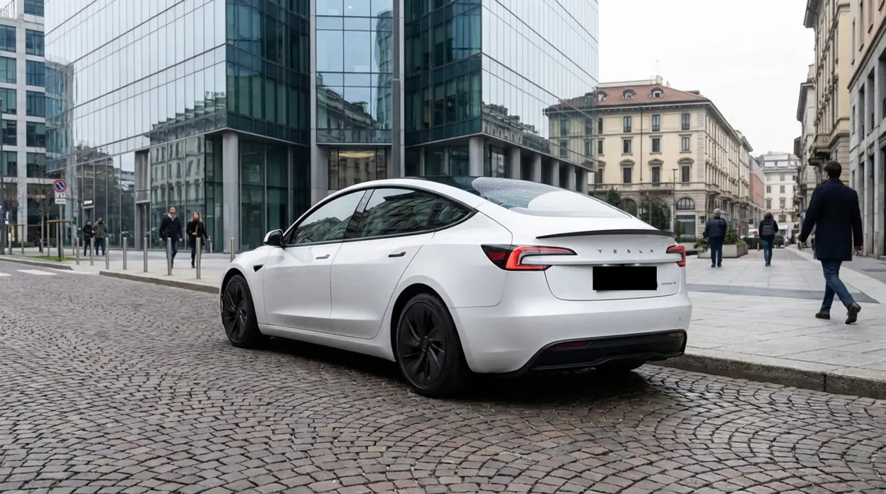 Tesla Model 3 Performance 2026, Außenansicht — Sports Car Rental Germany, Germany. Lautlos beschleunigen auf der Landstraße nach Feierabend